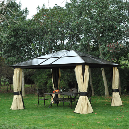 4 x 3.6m Hardtop Gazebo Canopy Set with Polycarbonate Roof & Mosquito Netting - Brown/Black