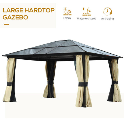 4 x 3.6m Hardtop Gazebo Canopy Set with Polycarbonate Roof & Mosquito Netting - Brown/Black