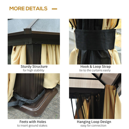 4 x 3.6m Hardtop Gazebo Canopy Set with Polycarbonate Roof & Mosquito Netting - Brown/Black