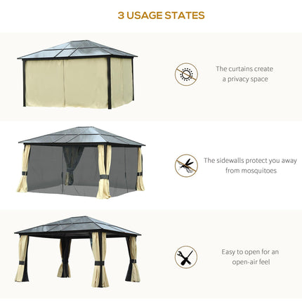 4 x 3.6m Hardtop Gazebo Canopy Set with Polycarbonate Roof & Mosquito Netting - Brown/Black