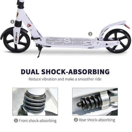 Folding Kick Scooter with 2 Big Wheels Adjustable Handlebar for Teens & Adults 14+ - White
