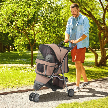 Dog Pram Pet Travel Stroller with Three Wheels - Coffee