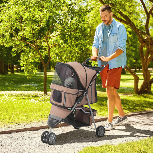 Dog Pram Pet Travel Stroller with Three Wheels - Coffee