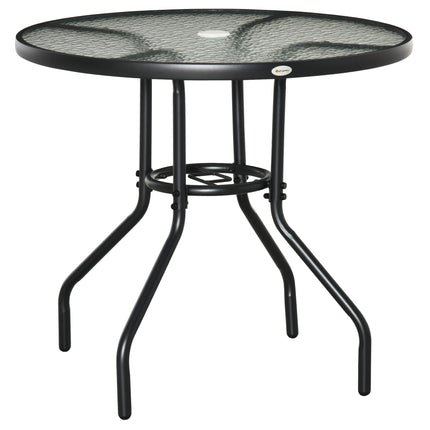 Outdoor Round Dining Table 80cm with Tempered Glass Top & Parasol Hole - Black