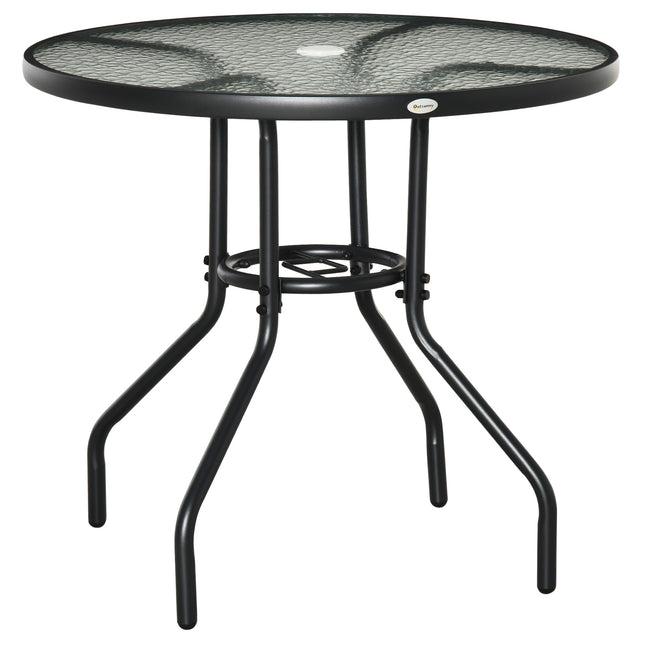 Outdoor Round Dining Table 80cm with Tempered Glass Top & Parasol Hole - Black