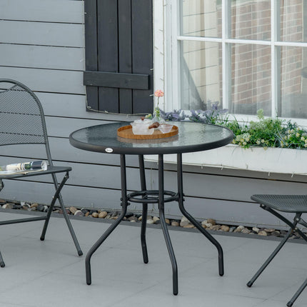 Outdoor Round Dining Table 80cm with Tempered Glass Top & Parasol Hole - Black