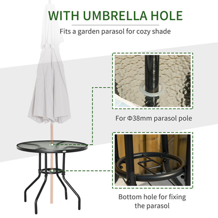 Outdoor Round Dining Table 80cm with Tempered Glass Top & Parasol Hole - Black