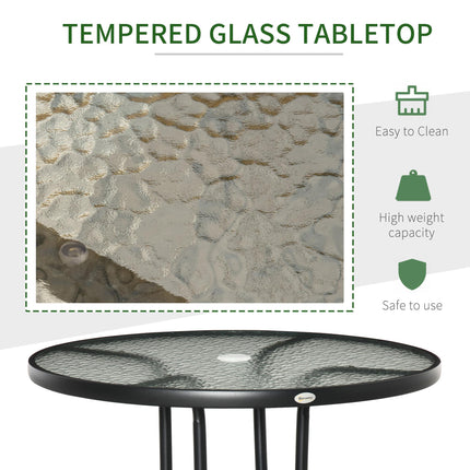 Outdoor Round Dining Table 80cm with Tempered Glass Top & Parasol Hole - Black