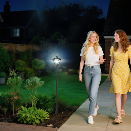 Outdoor Solar Powered LED Post Lamp with Sensor and Dimmable Light - Black