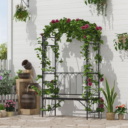 Garden Metal Arch 2-Seater Bench with Rose Trellis for Climbing Plants 115x50x203 cm - Black