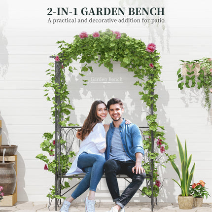 Garden Metal Arch 2-Seater Bench with Rose Trellis for Climbing Plants 115x50x203 cm - Black