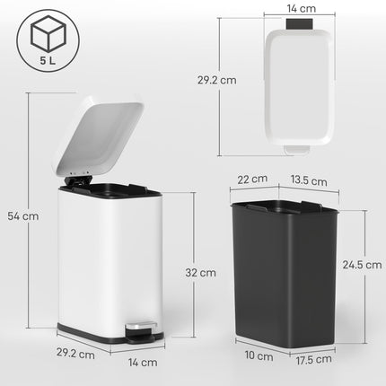 5L Rectangular Compact Steel Bin with Removable Bucket and Quiet-Close Pedal Lid - White