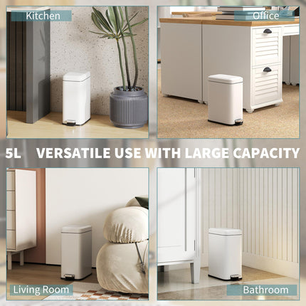 5L Rectangular Compact Steel Bin with Removable Bucket and Quiet-Close Pedal Lid - White