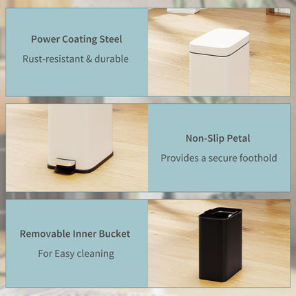 5L Rectangular Compact Steel Bin with Removable Bucket and Quiet-Close Pedal Lid - White