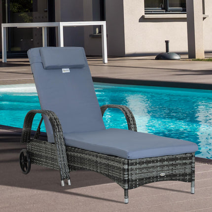 Garden Rattan Sun Lounger Reclining Chair with Adjustable Headrest and Wheels - Grey