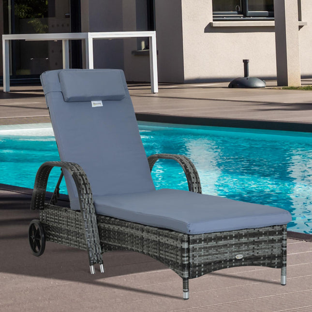 Garden Rattan Sun Lounger Reclining Chair with Adjustable Headrest and Wheels - Grey