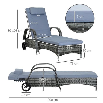 Garden Rattan Sun Lounger Reclining Chair with Adjustable Headrest and Wheels - Grey