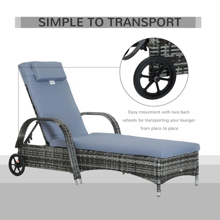 Garden Rattan Sun Lounger Reclining Chair with Adjustable Headrest and Wheels - Grey