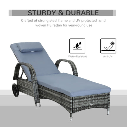 Garden Rattan Sun Lounger Reclining Chair with Adjustable Headrest and Wheels - Grey