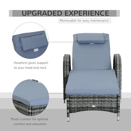 Garden Rattan Sun Lounger Reclining Chair with Adjustable Headrest and Wheels - Grey