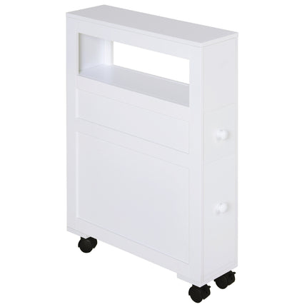 Narrow Rolling Bathroom Side Cabinet with Drawers and Castors - White