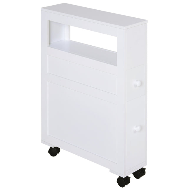 Narrow Rolling Bathroom Side Cabinet with Drawers and Castors - White