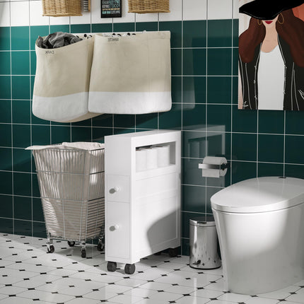 Narrow Rolling Bathroom Side Cabinet with Drawers and Castors - White