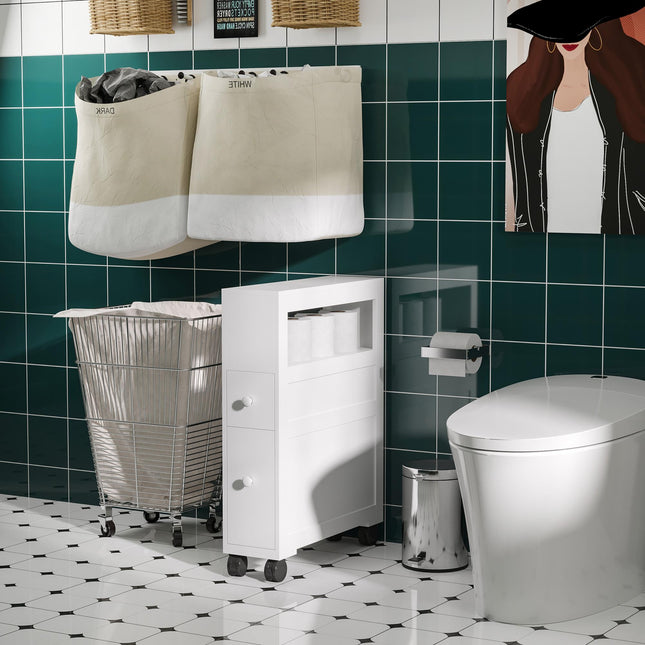 Narrow Rolling Bathroom Side Cabinet with Drawers and Castors - White
