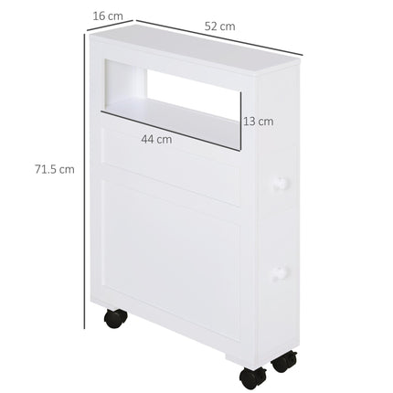 Narrow Rolling Bathroom Side Cabinet with Drawers and Castors - White