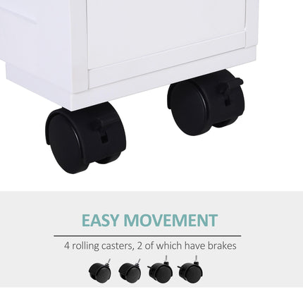 Narrow Rolling Bathroom Side Cabinet with Drawers and Castors - White