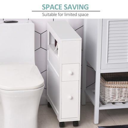Narrow Rolling Bathroom Side Cabinet with Drawers and Castors - White