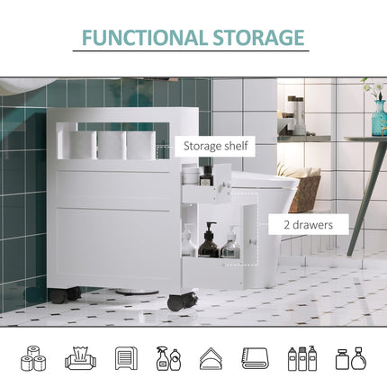 Narrow Rolling Bathroom Side Cabinet with Drawers and Castors - White