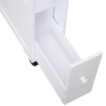 Narrow Rolling Bathroom Side Cabinet with Drawers and Castors - White