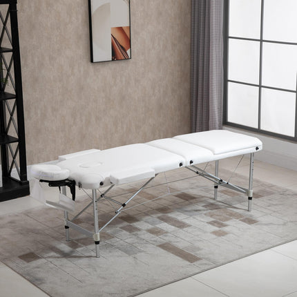 Adjustable Folding PVC Leather Massage Table with Aluminium Frame, Headrest & Carry Bag - White