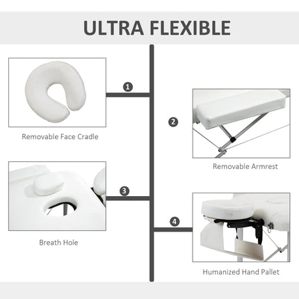 Adjustable Folding PVC Leather Massage Table with Aluminium Frame, Headrest & Carry Bag - White