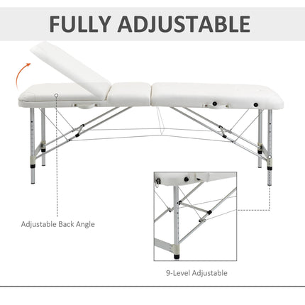 Adjustable Folding PVC Leather Massage Table with Aluminium Frame, Headrest & Carry Bag - White