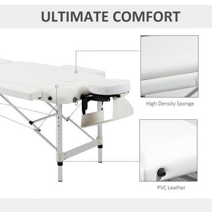 Adjustable Folding PVC Leather Massage Table with Aluminium Frame, Headrest & Carry Bag - White