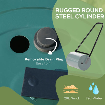30L Heavy Duty Steel Garden Lawn Roller Drum with Water or Sand Fill - Green