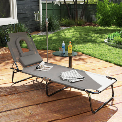 Foldable Adjustable Sun Lounger with Pillow and Reading Hole for Garden and Beach - Grey