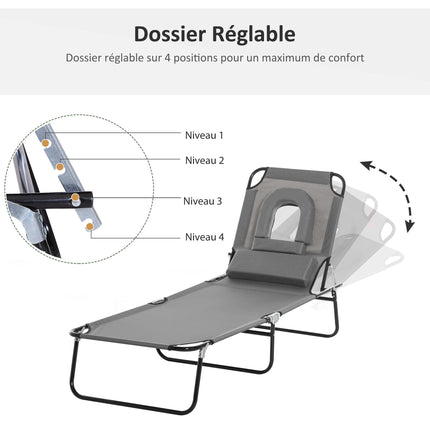 Foldable Adjustable Sun Lounger with Pillow and Reading Hole for Garden and Beach - Grey