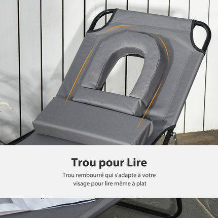 Foldable Adjustable Sun Lounger with Pillow and Reading Hole for Garden and Beach - Grey