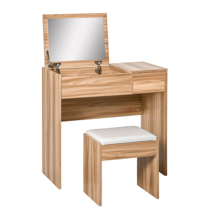 Chipboard Dressing Table Set with Cushioned Stool, Flip-up Mirror & Drawer - Wood Grain