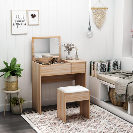 Chipboard Dressing Table Set with Cushioned Stool, Flip-up Mirror & Drawer - Wood Grain