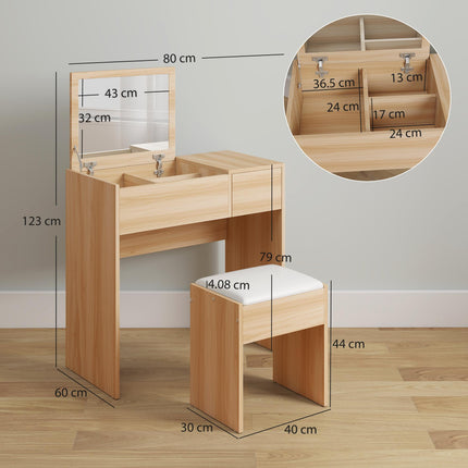 Chipboard Dressing Table Set with Cushioned Stool, Flip-up Mirror & Drawer - Wood Grain