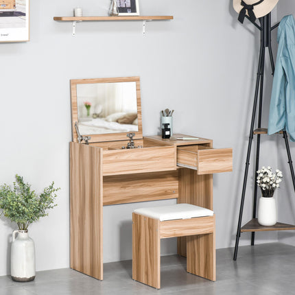 Chipboard Dressing Table Set with Cushioned Stool, Flip-up Mirror & Drawer - Wood Grain
