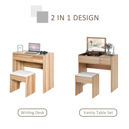 Chipboard Dressing Table Set with Cushioned Stool, Flip-up Mirror & Drawer - Wood Grain
