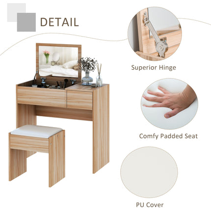 Chipboard Dressing Table Set with Cushioned Stool, Flip-up Mirror & Drawer - Wood Grain