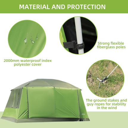 Two Room Dome Tent for 4-8 People with Porch and Mesh Windows - Green