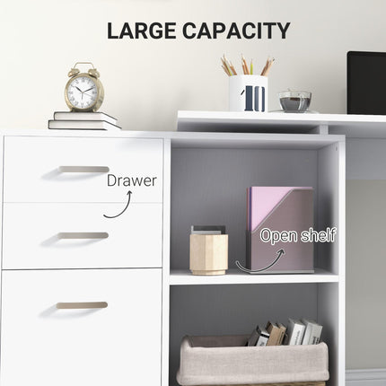 L Shape Computer Desk Workstation with Drawer, Shelf & File Cabinet - White