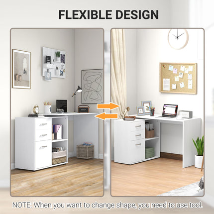 L Shape Computer Desk Workstation with Drawer, Shelf & File Cabinet - White